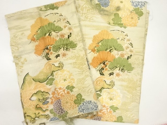 JAPANESE KIMONO / ANTIQUE TANG LION PATTERN WOVEN OBI FABRIC SCRAP
